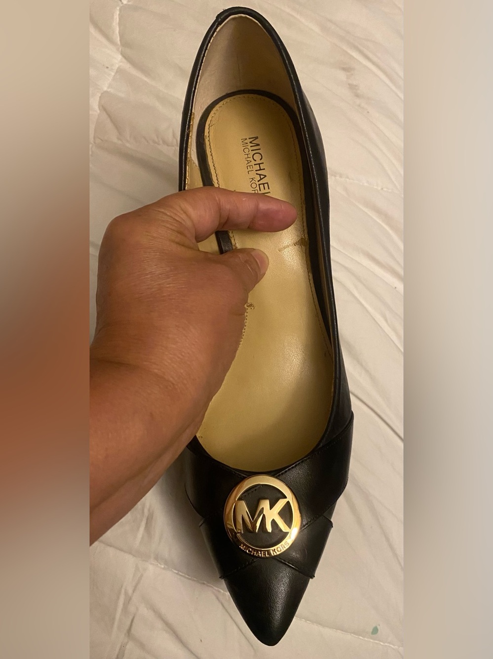 MICHAEL Michael Kors Black Pointed Toe Heels with Gold MK Emblem - Picture 3 of 4